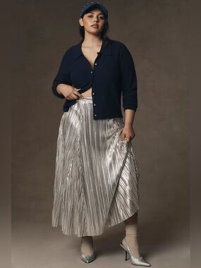 Maeve Anthropologie Silver Metallic Pleated Midi Skirt Size 12 Party Statement